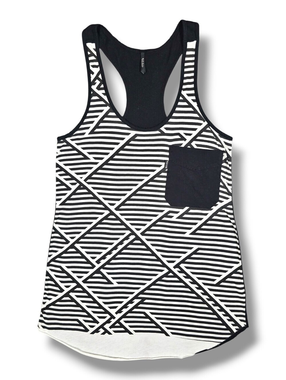 Black White Geometric Stripe Pocket Racerback Tank Top Casual Streetwear Small
